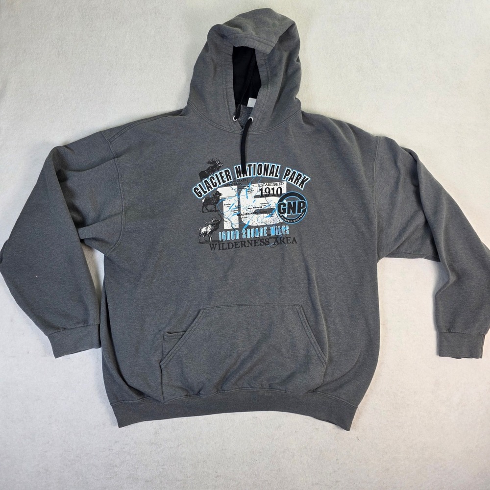 Fruit of the Loom Mens XL Hoodie‎ Charcoal Grey Excellent Glacier National Park